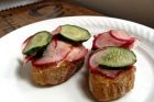 radish & cucumber crostini + spicy peanut noodles