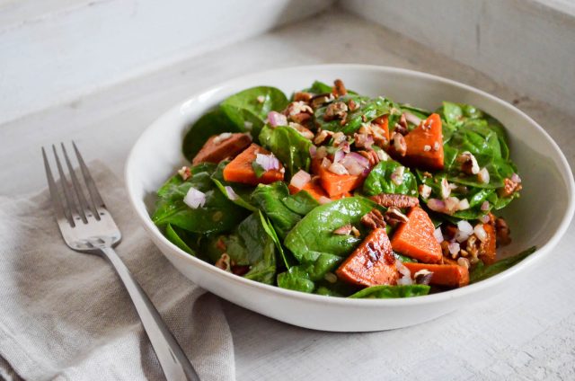 Roasted Sweet Potato, Spinach & Pecan Salad | In Jennie's Kitchen